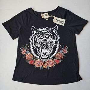 NWT Savanna Jane, black, floral embroidered, tiger, roses, graphic tee